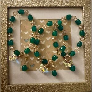 Goldstone 3pc Bracelet w/Green Beads & Iridescent Butterly Charm
